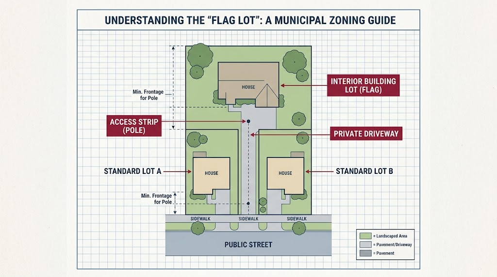 Diagram illustrating a municipal zoning guide for flag lots, showing two houses, an access strip, and layout of standard lots A and B, along with marked areas for sidewalks and landscaped sections.